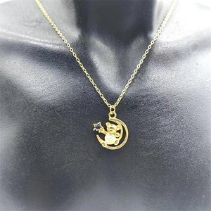S925 sterling silver gold-plated necklace with cute bear on moon opal pendant