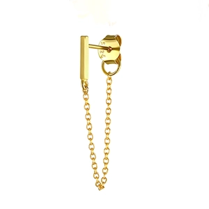 Detail of S925 sterling silver long bar chain earrings with gold finish and hallmark