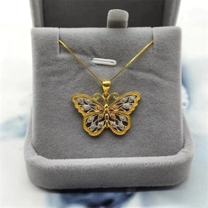 Elegant S925 sterling silver tricolor butterfly pendant necklace with filigree detail