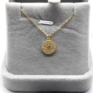 S925 sterling silver gold plated starburst coin pendant necklace with white crystals