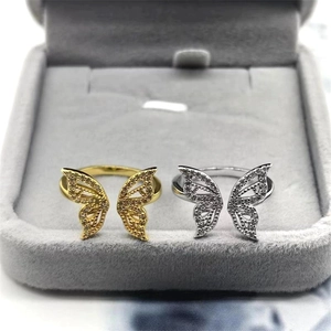 S925 sterling silver butterfly open rings with cubic zirconia in gold and silver