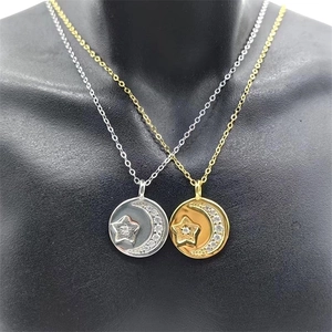 S925 sterling silver moon and star coin necklaces with sparkling zircon pendants