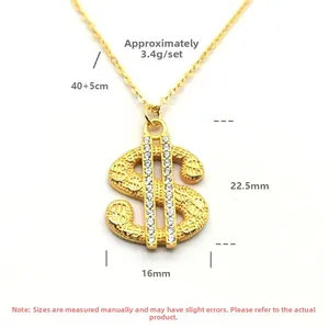 Detailed view of gold dollar sign necklace with sparkling zircons and dimensions