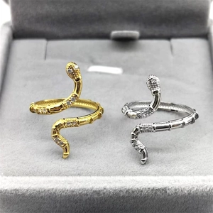 Bague ouverte serpent en argent S925 sertie de zircons brillants en or et argent