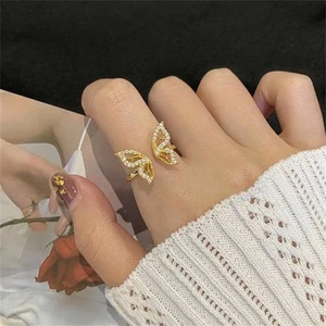 Adjustable S925 sterling silver butterfly ring with cubic zirconia in gold finish