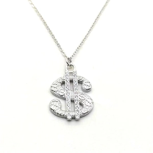 S925 sterling silver dollar sign pendant necklace with iced out cubic zirconia stones