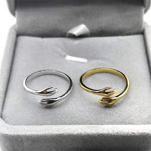 Minimalist S925 sterling silver hugging hands open rings in gold and silver finishes
