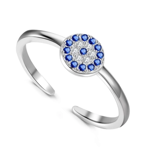 Detail showing S925 sterling silver evil eye ring with blue and white micro-paved stones