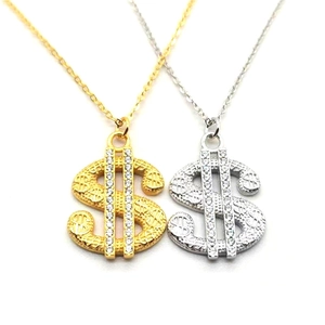S925 sterling silver dollar sign pendant necklace with crystals in gold and silver