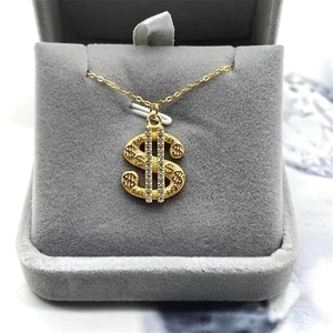 Minimalist S925 sterling silver dollar sign pendant necklace with zircons in gold