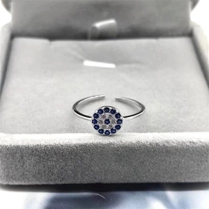 Minimalist S925 sterling silver evil eye open ring with blue and white zircon stones