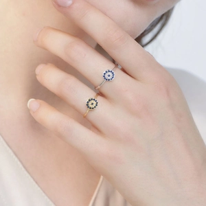 Minimalist S925 sterling silver evil eye open ring with blue crystal stones for women