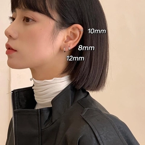 Detailed view of 8mm 10mm and 12mm minimalist S925 silver hoop earrings on model