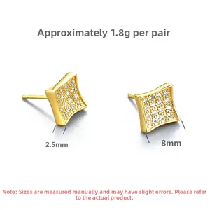 Macro detail of S925 square gold earrings showing 8mm size and 1.8g weight specs