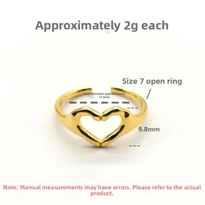 Detailed size specifications for a gold heart hands open ring with 17.3mm inner diameter