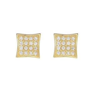 Macro detail of square gold stud earrings with 16 white cubic zirconia stones in a grid