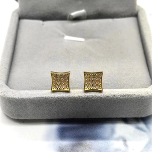 Classic gold square pavé stud earrings in a luxury grey velvet jewelry display box