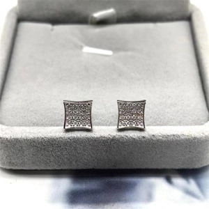 Square S925 sterling silver stud earrings with pavé-set zircons on a gray velvet box