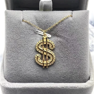 Pendentif signe dollar Hip Hop en argent S925 avec zircons sur une chaîne dorée