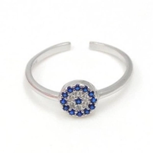 Minimalist S925 sterling silver evil eye open ring with blue and white cubic zirconia