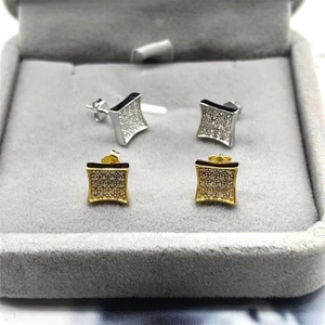 Square S925 sterling silver pave stud earrings in silver and gold finish on velvet