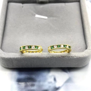 Elegant gold S925 sterling silver hoop earrings with green and white gemstones