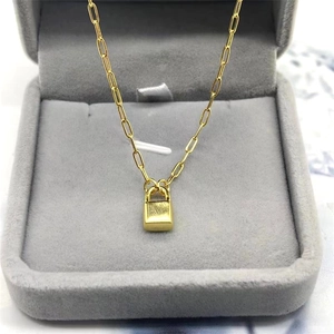 Minimalist S925 sterling silver gold padlock pendant on paperclip link chain in gift box