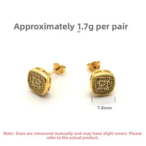 Detail view of 7.8mm square stud earrings with zircons showing dimensions and 1.7g weight