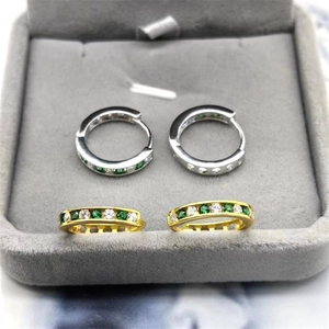 S925 Sterling Silver hoop earrings with green and white cubic zirconia stones in gift box