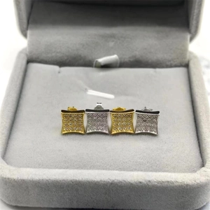 Close-up of square S925 sterling silver earrings with micro-pave cubic zirconia inlay