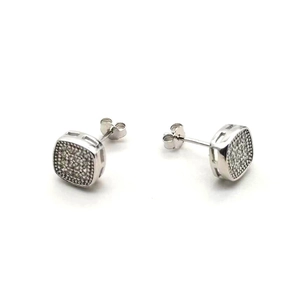 Pair of S925 sterling silver square stud earrings with pave-set sparkling zircon stones