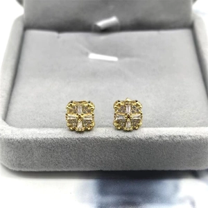 Boucles d'oreilles carrées en argent S925 or 18K avec zircons baguette et ronds