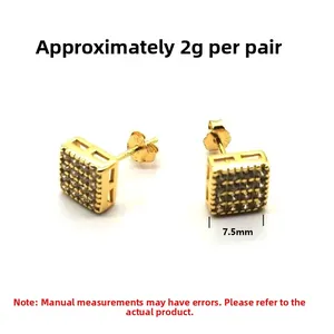 Detail of 7.5mm square S925 silver gold-plated stud earrings with pavé zircon stones