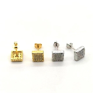 Close-up of square S925 silver stud earrings with pave-set cubic zirconia in gold and silver