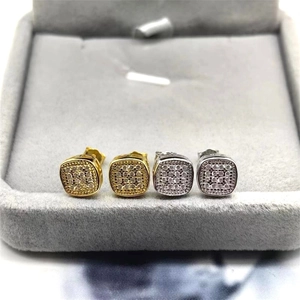 Square S925 sterling silver stud earrings with pave-set cubic zirconia in gold and silver