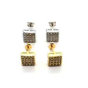 Macro detail of square S925 silver stud earrings with pavé-set sparkling cubic zirconia