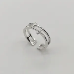 925 Sterling Silver Double Layer Cross Ring For Women Inlaid Zirconia Adjustable Open Finger Ring Fashion Jewelry Gift
