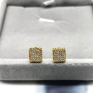 Square gold S925 sterling silver stud earrings with 16 micro-pave cubic zirconia stones