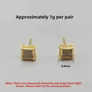 Detailed view of square gold studs with zircon stones and 6.8mm base width dimensions