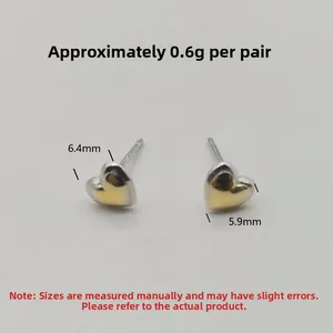 Detailed view of S925 silver heart studs with dimensions 6.4mm by 5.9mm and 0.6g weight