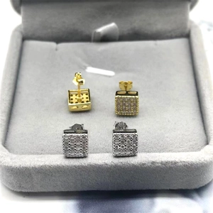 S925 sterling silver square stud earrings with pave zircon in gold and silver finish