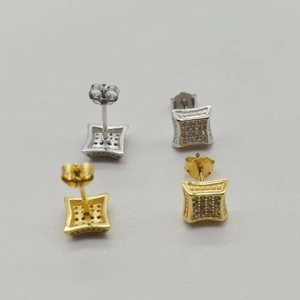 Macro detail of S925 sterling silver square stud earrings with pave-set zircon crystals