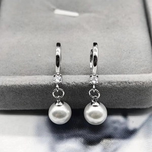 Elegant S925 sterling silver drop earrings with white round pearls and sparkling zircon