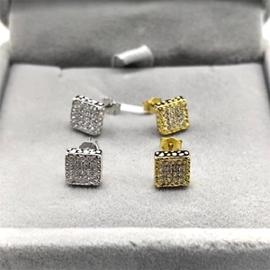 Square S925 sterling silver stud earrings with pavé cubic zirconia in gold and silver