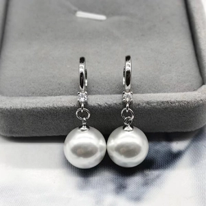 Elegant 925 Sterling Silver Artificial Pearl Hoop Earrings With Sparkling Zircon Round Shell Artificial Pearl Dangle Jewelry For Women