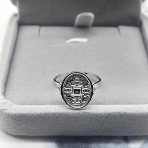 S925 sterling silver shield ring with oval face and square green gemstone center