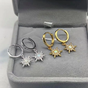 Detailed view of S925 sterling silver starburst earrings with white opal and small crystals