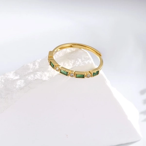 Vintage S925 silver ring with rectangular green stones and diamonds on stone props