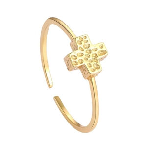 Minimalist S925 sterling silver open ring with textured cross design in gold finish
