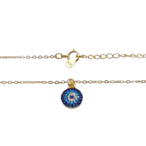 Gold S925 sterling silver evil eye necklace with blue and white cubic zirconia crystals